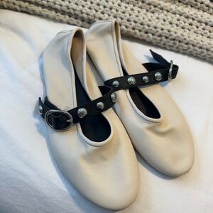 Zara Cream Flats with Black Studded Strap 1544/410